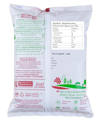 Image of S Siddhagiri's SATVYK THE HEALTH re STORE Khapli Wheat Flour - Stoneground Khapli Atta | Easy to Digest Emmer Wheat Flour | Fiber Rich Whole Wheat Flour | Fresh Khapli Atta (3Kg Pack)
