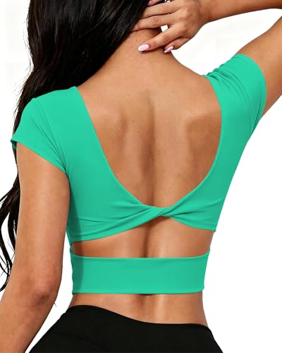 Image of DaiLiWei Open Back Workout Tops for Women Short Sleeve Longline Sports Bras Support Crop Tank Yoga Shirts with Built in Bra