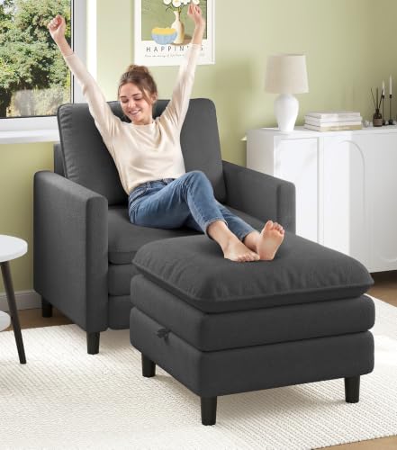Image of Welzona 3-Layers Cloud Accent Chair with Ottoman, 33 inch Teddy Reading Chair | Comfy Teddy Fabric, Washable Covers, Tool-Free Setup, All-wood Arm Chair and Ottoman Sets for Living Room, Bedroom, Grey