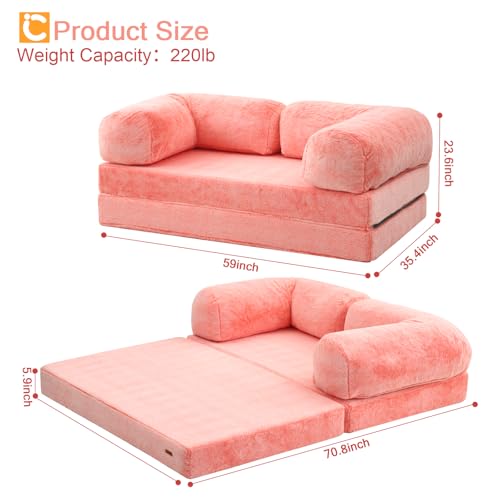 COMAX 4-in-1 Futon Sofa Bed, Queen Size Foldable Couch with L-Shaped Armrests, Convertible Sleeper Chair Bed, Comfortable Lounge Mattress for Living Room and Bedroom, Snow Orange