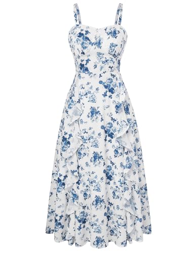 Image of Belle Poque Sun Dresses for Women Spring Summer Floral Midi Flowy Spaghetti Ruffle Wedding Guest Tea Party Dress
