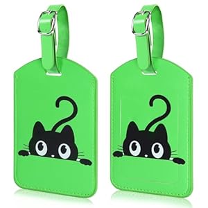 2 Pack Travel Luggage Tags, Address Label Green PU Leather Black Cat Design Various Suitcases/Backpacks Protects Personal Info Excellent Travel Choice