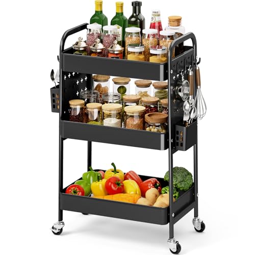 Image of KINGRACK 3 Tier Rolling Cart with DIY Pegboard, Metal Utility Cart with Wheels, Hooks & Baskets, Sturdy Storage Organizer for Craft, Bathroom, Kitchen, Office, Nursery, Classroom