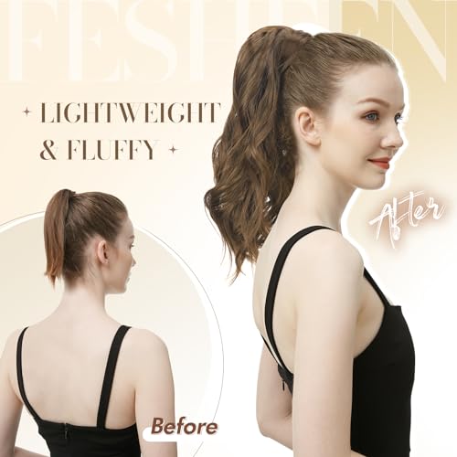 Feshfen Wavy Ponytail Extension, Natural Curly Wrap Around Ponytails Brown Hair Piece Synthetic Long Clip Pony Tail Hairpieces For Women thumb #4