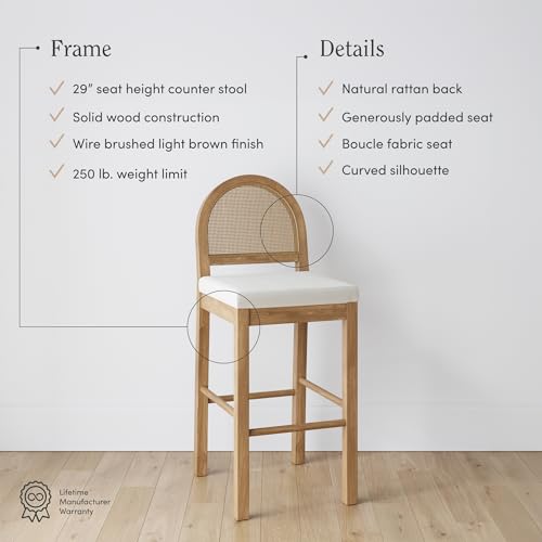 Image of Nathan James Bailey 29 in. Boucle Bar Stool with Back, Bar Height Chair with Natural Woven Rattan Back and Solid Wood Legs, Light Brown, Set of 2