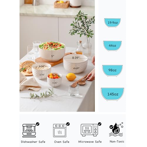Mikiegy Ceramic Mixing Bowls Set of 4, Nesting Ceramic Embossment Stoneware Mixing Bowls for Cooking, Serving, Popcorn, Salad etc, Microwave & Dishwasher Safe, 20/44/98/145 oz, Off-White - Image 4