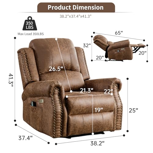 Image of HAOMARKETS Classic Power Recliner Chair Set of 2 with Massage and Heat, Breathable Faux Leather Electric Recliner with USB Port, Overstuffed Reclining Sofa with Rivets for Living Room, Brown