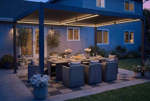 PURPLE LEAF Louvered Pergola 92KS 10' x 14' with Integrated LED Strip Lights Aluminum Outdoor Pergola with Adjustable Louvered Roof for Patio Deck Garden Yard Gray