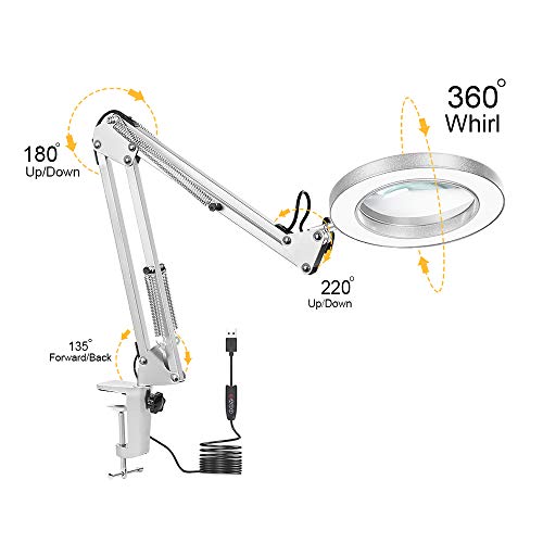 LED Magnifier Desk Lamp, 5X Magnifying Glass with Light, 3 Modes 10 Dimming, Foldable Metal Arms and Adjustable Clamp Base for Close Work Hobby Repairing Reading Crafts