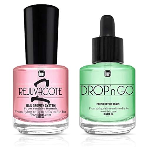 duri Rejuvacote 2 Nail Growth System Base and Top Coat, Drop'n Go Nail Polish Drying Drops - Nails Hardening, Growth, Damage Repair, Chipping, Breaking and Brittle Treatment (0.61 fl.oz) Combo Pack