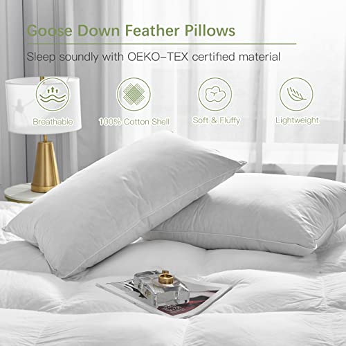 Queen Size Goose Feather Down Pillows Set Of 2, Bed Pillows For Sleeping Covered With 100% Cotton Shell,Extra Soft & Breathable White Pillows 2 Pack For Back,Stomach Or Side Sleepers (Queen,20"X28") #TOP1
