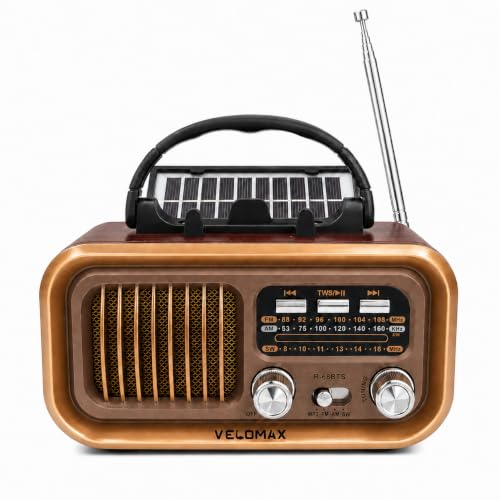 Image of VELOMAX Radio FM for Home with Speaker, FM Radio with Bluetooth 5.0, AM /FM /SW Portable Retro Radio with Solar Panel, USB-C Charging, Rechargeable Battery, USB & TF Card Playback(Brown)
