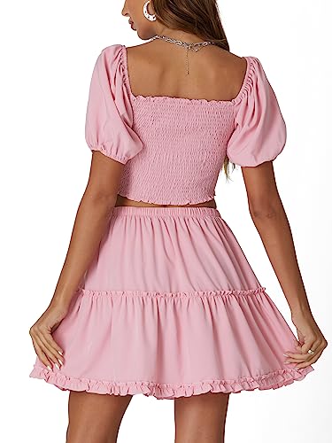 LYANER Women's Two Pieces Outfits Frill Smock Square Neck Top and Skirts Suit Sets2