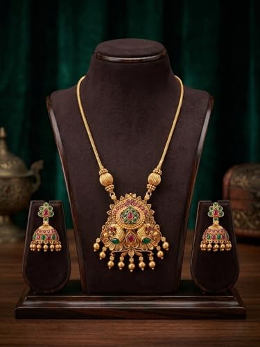 Image of Traditional Gold-Plated Lakshmi Temple Pendant Necklace Set for Women | Antique South Indian Jewelry with Jhumka Earrings | Ethnic Bridal, Wedding & Festive Jewelry Set