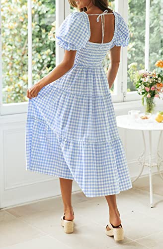 ZCSIA Women's Summer Boho Plaid Square Neck Short Puff Sleeve Smocked Flowy Ruffle Beach Tiered Midi Dress