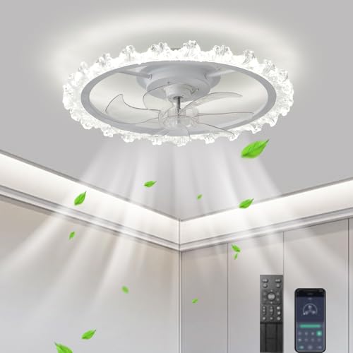 LASANYA Cristal Lampara De Techo Led Dormitorio Ventilador, Moderno Blanco Ventiladores De Techo Con Luz, Ventilador De Techo Con Luz Silencioso Y Mando A Distancia Regulable-40CM