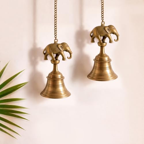 Image of ExclusiveLane 'Sacred Elephant' Brass Decorative Hanging Bell (100% Pure Brass, Set of 2, 63.6 Cm, 1.1 Kg, Hand-Etched) | Brass Bells for Mandir Hanging Bells for Pooja Room Temple Bells for Mandir