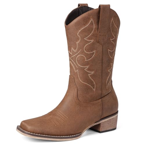 Top 10 Best Casual Cowboy Boots for Style and Comfort 13 Bybmorto Brown Cowboy Boots for Women Square Toe - Mid Calf Western Cowgirl Boots with Embroidery, Pull On Low Chunky Heel Fashion Footwear for Daily Casual Party Country Concert, Size US 8.5