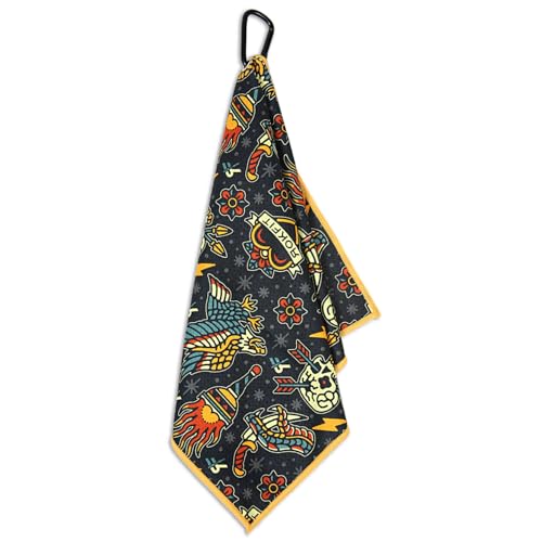 RokFit Gym & Golf Towel – Multi-Use, Quick-Dry, Durable Utility Towel with Bold Graphic and Carabiner Clip (Tattoo Flash Pattern)