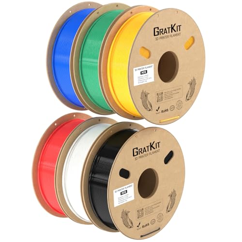 GratKit PETG 3D Printer Filament 6KG,1.75mm, 3D Printing Filament PETG Black,White,Red,Yellow,Blue,Green 6KG Bundle