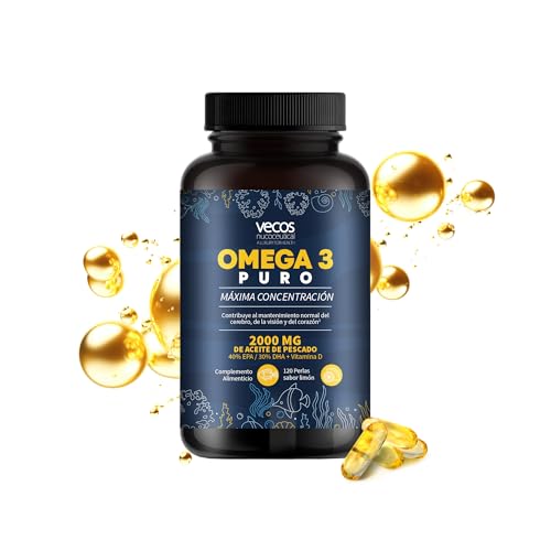 Omega 3 Puro 2000mg por Dosis Diaria en Cápsulas - 120 Perlas de Omega 3 con Ácidos Grasos de Alta Potencia, 600 mg EPA y 800mg DHA - Aceite de Pescado con Vitamina D - Sabor Limón
