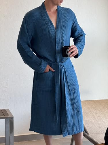 Image of Muslin Unisex Bathrobe Women & Men, 100% Cotton Kimono Lightweight Robe | Long Robes Soft, Absorbent, Spa robes