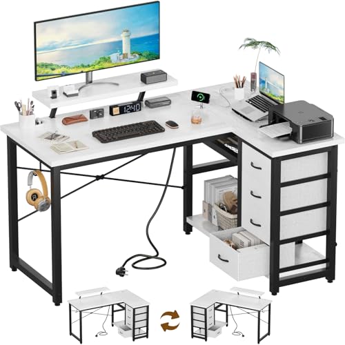 Devoko - Escritorio esquinero, Escritorio en L, con 4 cajones, 1 Puerto USB + 1 Puerto Typ-C y 2 Tomas de Corriente, Mesa Reversible con Soporte de Pantalla para Trabajo en casa (Blanco, 140x80 cm)