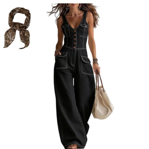 Mono de mezclilla casual para mujer con cuello en V y pierna ancha