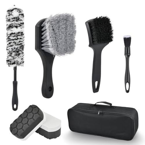 7 pièces Kit nettoyage voiture, Lot de Brosse Nettoyage Voiture Comprend brosse jante brosse de finition à double tête éponge polissage et Sac rangement, pour le lavage et l'entretien de la voiture