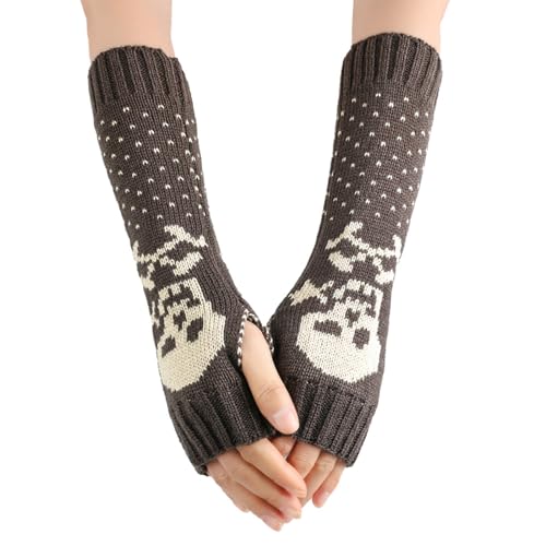 Shurhome Girls Lengthen Wrist Crochet Fingerless Gloves Half Finger Keep Warm Skull Pattern Mittens For Women Winter Supplies