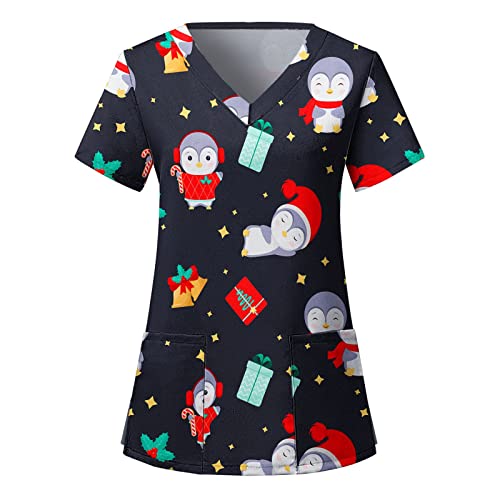 Uniforme navideño para enfermera, enfermeras, médicos, terapeutas, cuello en V, estampado de Papá Noel, muñeco de nieve, estampado navideño, uniforme de trabajo suelto con bolsillos, Negro, M
