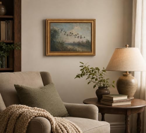 Image of Gold Framed 3D Textured Wall Art, Vintage Misty Lake Forest Flying Duck Canvas Prints, Nature Landscape Flock of birds Pictures Decor, Rustic Farmhouse Wildlife Artwork for Living Room Bedroom 12x16in