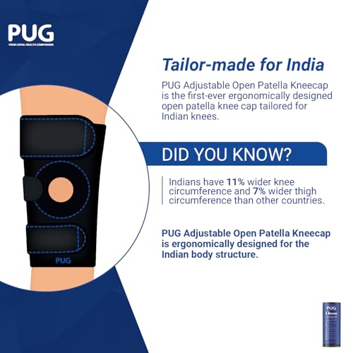 Image of PUG Open Patella Kneecap, Adjustable Hinged Knee Brace for Wider Indian Knees, Tailored for Recovery from Knee Injuries and Surgeries, Anti-Slip and Supportive, Pack of 1, Matte Black