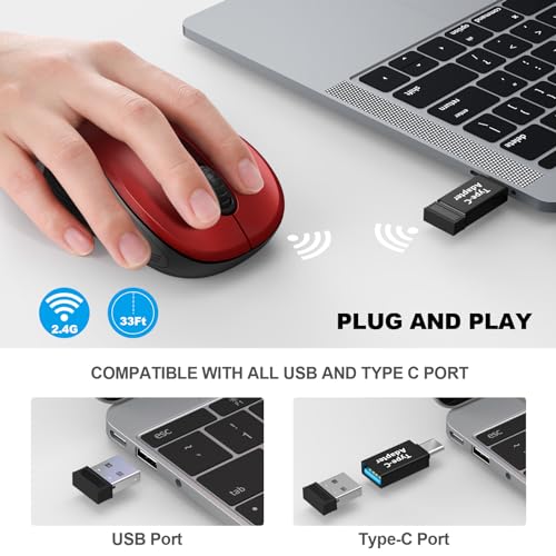 Image of WisFox 2.4G Wireless Mouse for Laptop, Ergonomic Computer Mouse with USB Receiver and Type-C Adapter, 6 Button Cordless Mouse Wireless Mice for Windows Mac PC Notebook (Red)
