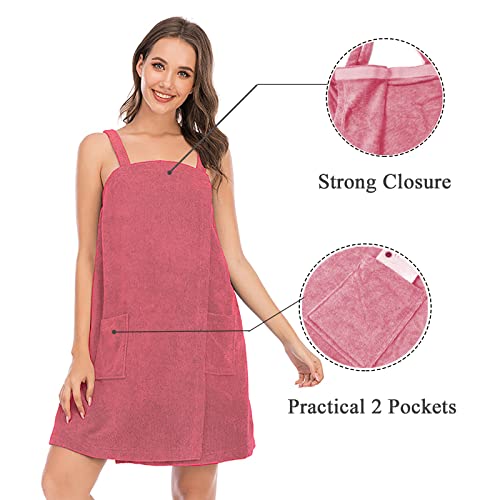 Verve Jelly Ladies Towel Wrap Cotton Sarong Towel Shower Spa Sauna Beach Gym Towelling Robe Cover-Up with Pocket Straps Robe Facial Headband Watermelon Red XXXL - Image 3