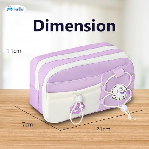 Image of FunBlast Pencil Pouch for Girls - Aesthetic Multi-Compartment Zipper Pouch with Drawstring Pocket, Cute Kawaii Pencil Case, Stylish Stationery Pouch, Return Gift for Kids & School Use (Purple2)