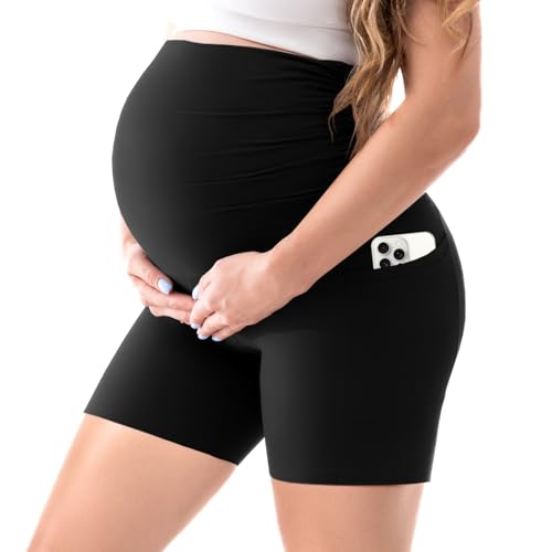 Walifrey Women's Maternity Shorts with Pockets Over The Belly,Pregnancy Yoga Pants Activewear Biker...