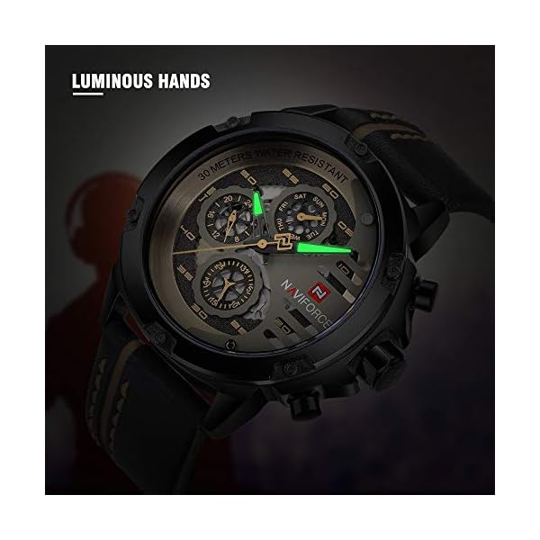 Sport Military Watches for Men Waterproof Watch Analog Quartz Leather Band Date Calendar Clock Wristwatch (Black+Yellow+Brown) - Image 7