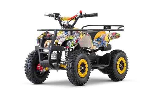 Kidix Nitro Motors Mini Quad Torino 49cc 6 Zoll Sport Reifen Snowy Profil Alu Easy Starter Gepäckträger Drossel Kinderquad Benzin (gelb mit Graffiti-Design)