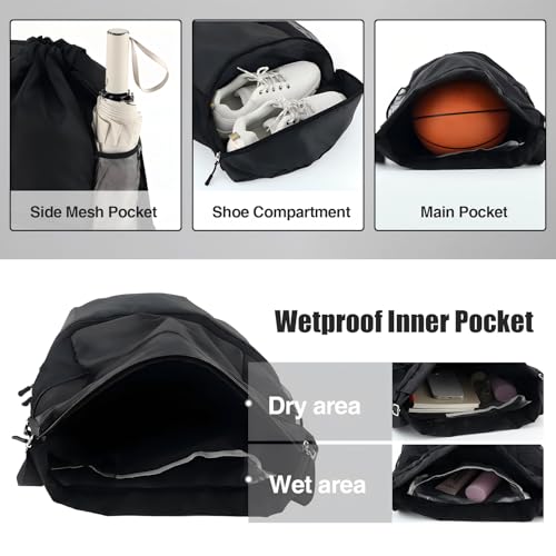 Image of 24 Pcs Gym Drawstring Backpack Bags Bulk with Shoe Compartment for Sports Wet Proof Pocket for Men Women Large (Black)
