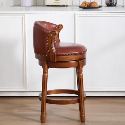 Image of Cow top Leather Wooden Bar Stools, 26.5 inch Counter Height Bar Chair with Back, 180 Degrees Swivel Barstools Chair for Home Kitchen Counter,Dining Room (Brown-1pc, Counter Height-Seat Height 26 inch)