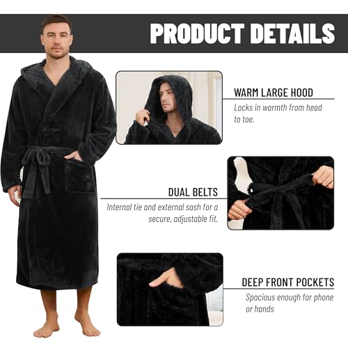 Mens Fleece Hooded Robe, Plush Robes Cozy for Men, Soft Warm Bathrobe Shower Spa Long Robe With Pockets3