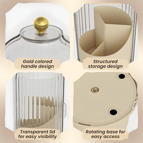 Image of OCEANEVO Cosmetic Makeup Brush Holder with Makeup Sponge, Dustproof Makeup Brush Organiser Stand with 360 Rotatable Lid - 12.5 x 27 Cm - Beige - 1 Year Warranty