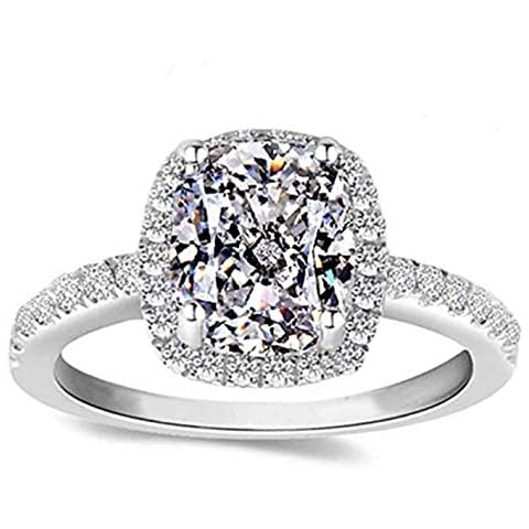Diamonbella 101 Facets 2 Carat Emerald Cushion Cut NSCD Halo Simulated Diamond Ring Solid 925 Silver Platinum Plated Rectangular Cover