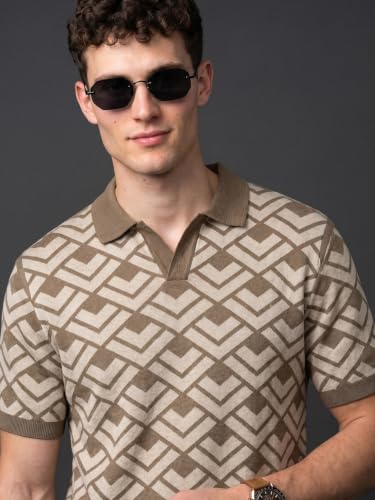 Image of Veirdo Men's Flatknit Printed Half Sleeve Polo T-Shirt with Collared Neck, Loose Comfortable Fit, Casual Style for Office, Travel, (Sizes S to 2XL)