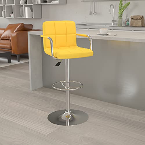 EMMA + OLIVER Yellow Quilted Vinyl Adjustable Height Barstool with Arms