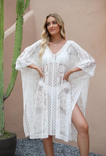Image of Sexy Elegant Lace Beach Cover Up for Women, Bathing Suit Cover Up, V-Neck Swimsuit Coverup for Poolside, Seaside and Party