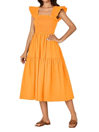 Image of Rooscier Women's A Line Smocked Midi Dress | Summer Sleeveless Square Neck Casual Sundress