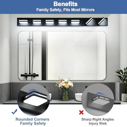Image of Torondo 360 Rotate LED Bathroom Vanity Light Fixtures, Acrylic Vanity Lights for Bathroom, Modern Wall Lighting Fixtures Over Mirror Living, Matte Black, Natural White, 7-Light, 46-Inch
