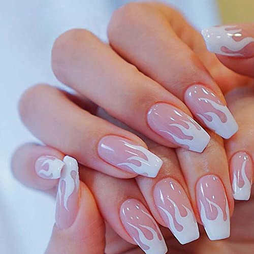 ANDGING Bright Hot Pink Press on Nails Short Medium Coffin, Fake Nails for Women with White Flame Design, Full Cover Glue on Nails, Reusable Acrylic Nails Press on Stick on Nails for Christmas 24Pcs